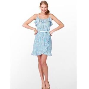 Lilly Pulitzer Dress Womens XS Blue Kalen Clam Jam Ruffle Spaghetti Strap Mini